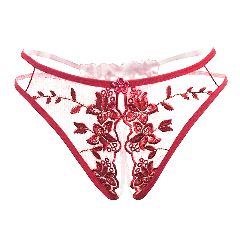Embroidery Flower Mesh Crotchless Thong