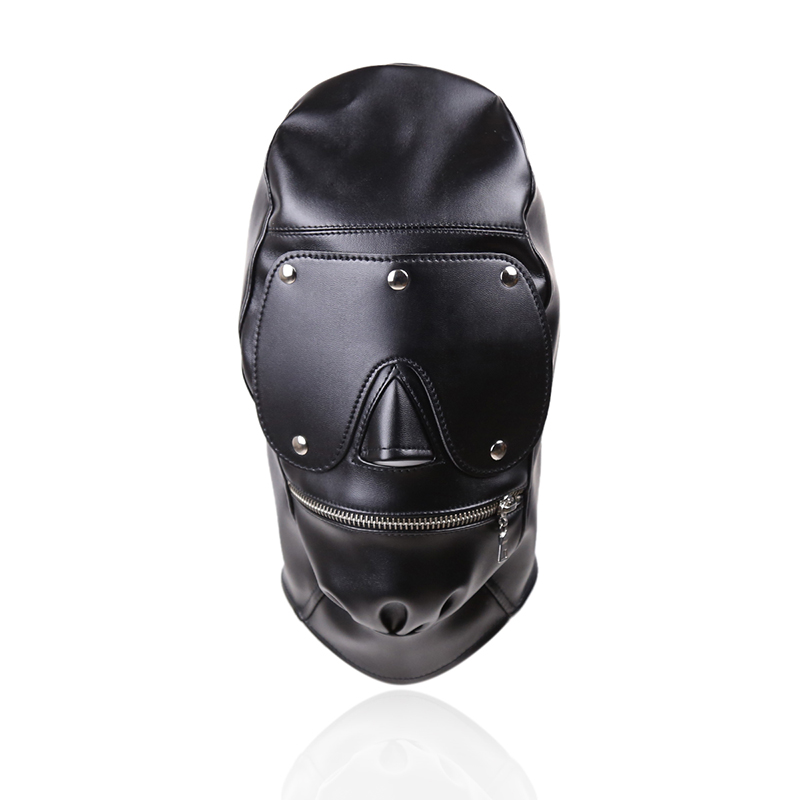 Zipper Mouth Leather Hood with Blindfold