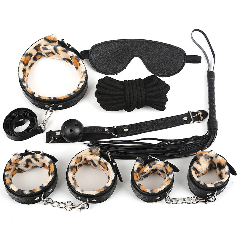 7pcs Leopard Fur Lined Leather Bondage Kit