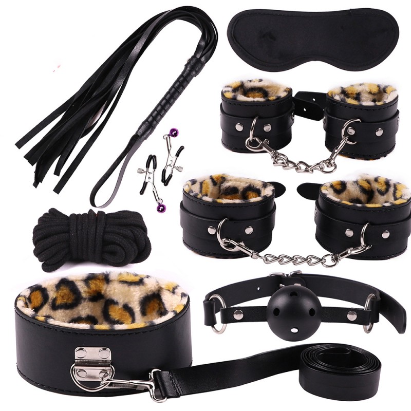 8pcs Leopard Fur Lined Leather Bondage Kit II